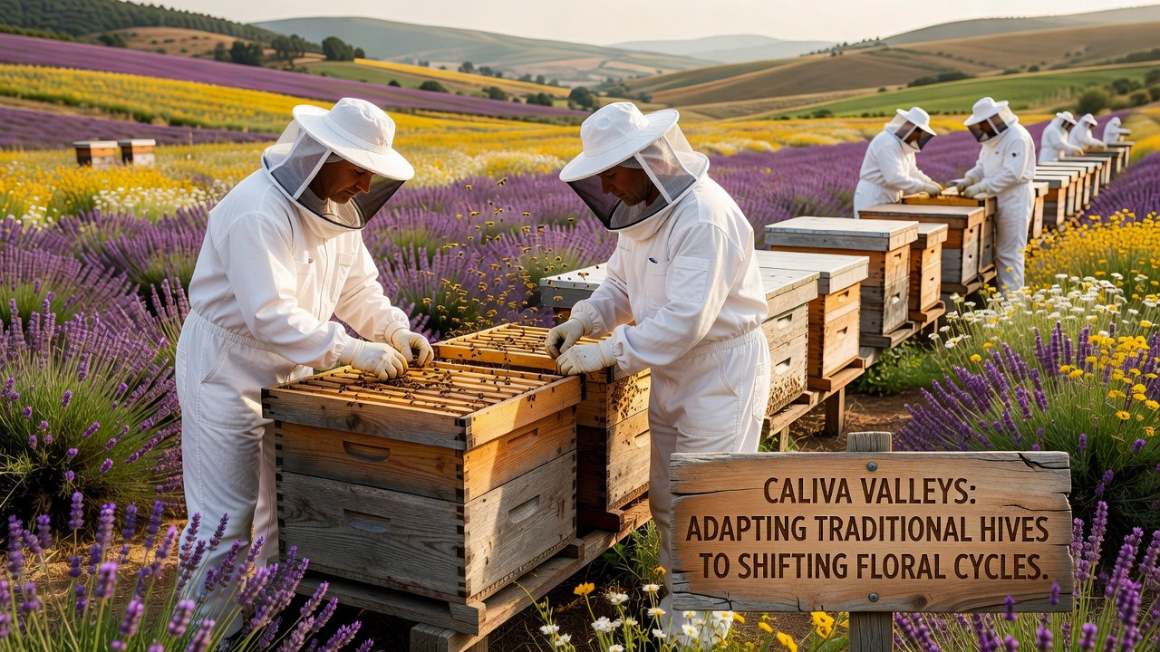 Close view of modular hive frames and floral monitoring tools used by Caliva beekeepers