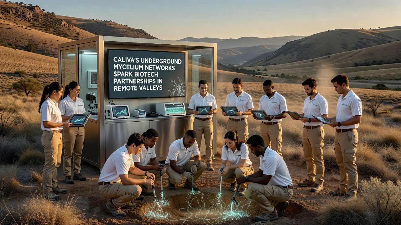Researchers examining mycelium samples collected from underground networks in a Caliva valley field station